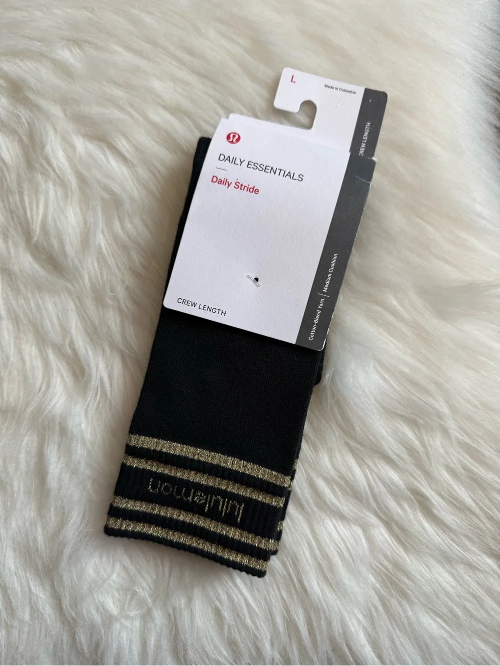 Lululemon Daily Essentials Daily Stride Crew Socks Black Gold Size L